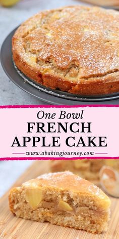 an easy french apple cake is cut in half and ready to be served on the table