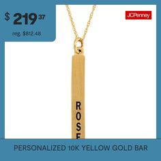 Wear your name or the name of someone you love with this engraved name stick pendant necklace. Maximum 10 characters.Closure: Spring-ringFeatures: Personalized, Engraveable, Quick ShipShape: BarMetal Color: YellowChain Length: 18 InchChain Width: .65 MillimetersChain Construction: RopeCare: Wipe CleanMetal: 10k GoldNecklace Type: Pendant NecklacesAssembled in the US from Imported Materials Name Pendant, Spring Rings, Your Name, Yellow Gold, Pendant Necklace, Bar, Ring, Pendant, Yellow