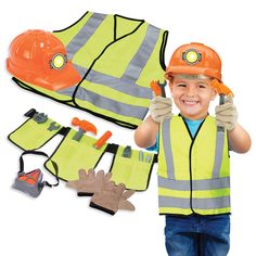 PRICES MAY VARY. Give the Magic of Make-Believe: Encourage kids’ love for role-play with this construction worker costume set. It can help enhance your child’s creativity, imagination, social skills, cognitive skills & more. 12-Piece Set Has It All: You get everything your preschooler needs for hours of pretend play: a cool construction worker costume for kids, safety hat, play construction tools, gloves, hammer, wrenches, tool belt and tools. All pieces needed to simulate being a construction w Toddler Construction Costume, Construction Costume, Construction Worker Costume, Engineer Costume, Pretend Play Costumes, Colorful Box, Kids Safety, Construction For Kids, Play Outfit