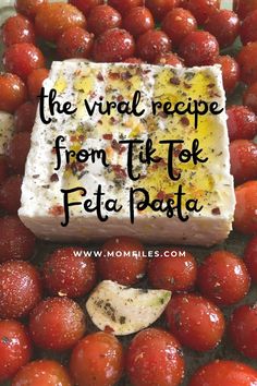 a plate with tomatoes and feta cheese on it that says the virtual recipe from tik to feta pasta