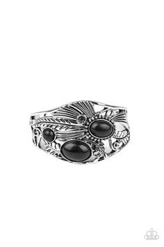 Dotted with oval black stones, shimmery silver feather frames combine with antiqued silver filigree across the wrist, coalescing into a whimsical cuff.

 Sold as one individual bracelet. Black Cuff Bracelet, Easy Jewelry, Black Stones, Black Bracelet, Silver Feather, Black Bracelets, Paparazzi Accessories, Paparazzi Jewelry, Black Dots