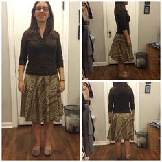 Brown stretchy shirt. The material itself is a little thick, almost like a turtleneck, but I like how stretchy it is (makes the arms ok!) and the length. I don't have a lot of brown-themed skirts/pants though, so I only wear it with this skirt, and very rarely. Green Flowy Skirt, Brown And Green, Flowy Skirt, Wear It, Stretchy Material, Skirt Pants