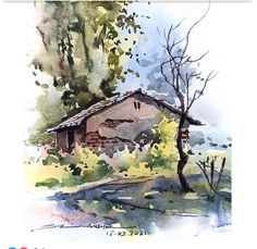 a watercolor painting of a house in the woods