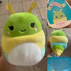 a stuffed toy with a green and yellow caterpillar on it's back