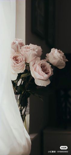 a vase filled with pink roses sitting on top of a table next to a window