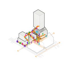 an architectural drawing of a building with various colored lines on the outside and inside it