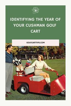 a woman riding on the back of a red golf cart next to a man in grey pants