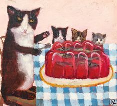 a painting of cats sitting at a table with a cake on it and one cat standing next to the cake