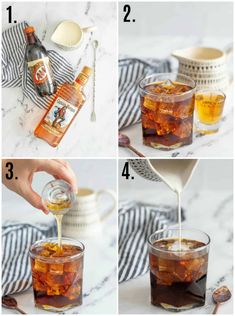 the steps to making an iced tea in a glass cup with ice and caramel