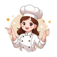 a woman wearing a chef's hat and pointing to the side with both hands