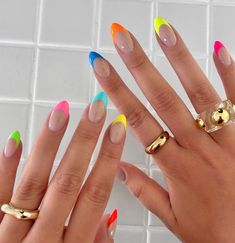 various color French tip nails Multi Colored Tips Nails, Multicolor French Tip Nails Almond, Nails Color Tips, Multi Colored Nails French Tip, Birthday Summer Nails, Colorful Tip Nails, Colorful Vacation Nails, Multi Colored French Tip Nails, Multicolor French Tip Nails