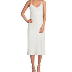 Nwt Champagne Color Satin Fabrication Slip Silhouette V-Neckline Sleeveless Pullover Approx. 48" Length Polyester Ivory Slip Dress, Flowy Bohemian Dresses, Slip Midi Dress, Silver Sequin Dress, Destination Dress, White Slip Dress, Rehearsal Dress, Sleeveless Pullover, Casual Wedding