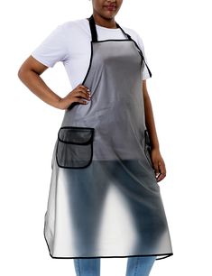 a woman standing with her hands on her hips wearing an apron and holding a purse