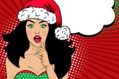 a woman wearing a santa hat and pointing her finger at the camera with an empty thought bubble above her