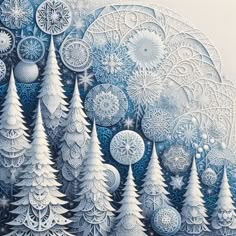 a painting of trees and snowflakes on a white background with blue hues