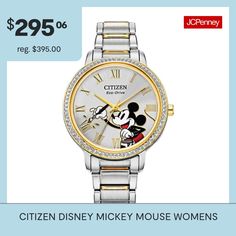 The Mickey crystal watch from Citizen is the perfect blend of Disney style with Citizen luxury. The ladies watch features exclusive artwork of Mickey creating a masterpiece in progress, as he will eternally be painting the number markers on the dial. This silver sunray dial is highlighted in two-tone gold-tone and stainless case, set off by 78 crystals with a matching bracelet. It has a fold-over clasp, and is powered by light with the exclusive Eco-Drive technology. This disney watch is a corn… Crystal Watch, Disney Watches, Citizen Eco, Crystal Watches, Eco Drive, Matching Bracelet, Ladies Watch, Disney Style, Disney Mickey Mouse