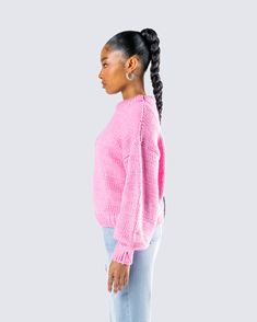 Name something better than a pink sweater top… 💕 Constructed from fully fashioned knit with a chunky knit stitch, and complete with a rib collar, sleeve cuffs, hem band, and a crew neck fit - this top is making “sweater weather” 10x cuter 😚 Pink Ribbed Collar Winter Sweater, Pink Chunky Knit Cropped Sweater For Fall, Trendy Pink Cropped Sweater With Ribbed Cuffs, Casual Pink Sweater With Ribbed Cuffs, Pink Chunky Knit Top For Spring, Pink Knitted Top For Winter, Pink Fall Sweater With Ribbed Cuffs, Fall Pink Sweater With Ribbed Cuffs, Pink Knitted Winter Knit Top