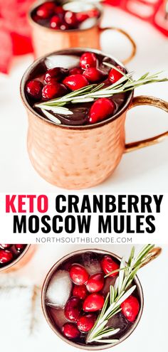 keto cranberry moscow mules in copper mugs with rosemary garnish