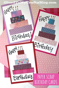 three birthday cards with the words happy birthday on them