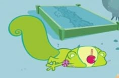 a cartoon character laying on top of a bed next to an elephant in the water