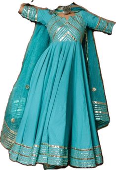 Fitted Maxi Length Anarkali Set With Gota Work, Fitted Floor-length Salwar Kameez With Gota Work, Fitted Maxi-length Anarkali Set With Gota Work, Fitted Anarkali Set With Mirror Work, Blue Bollywood Fitted Anarkali Set, Fitted Blue Bollywood Anarkali Set, Fitted Anarkali Set With Mirror Work For Navratri, Fitted Blue Anarkali Set With Dupatta, Fitted Anarkali Dress With Gota Work