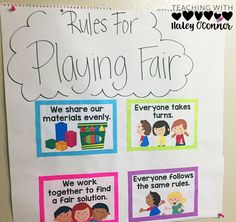 a bulletin board with rules for playing fair written in different colors and pictures on it