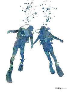 two people scubaing in the water with bubbles coming out of their heads and feet