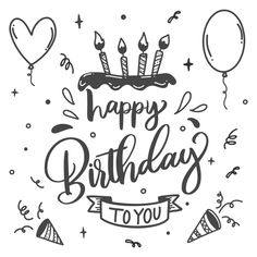 happy birthday to you card with balloons and confetti on white background, hand drawn illustration