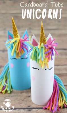 two unicorns made out of toilet paper with the words cardboard tube unicorns on them