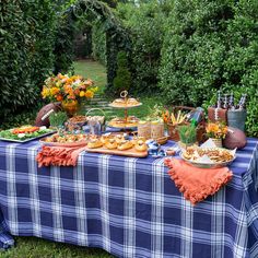 a picnic table with food on it in the middle of an outdoor area surrounded by greenery