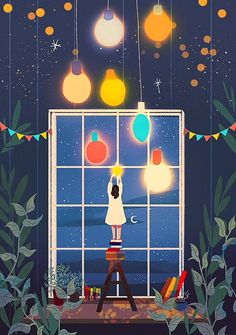 a person standing in front of a window with christmas lights hanging from the windowsill