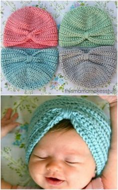 two pictures of a baby wearing a knitted hat