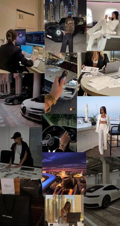 the collage shows many different images of people and vehicles in various locations, with one woman standing on top of a car