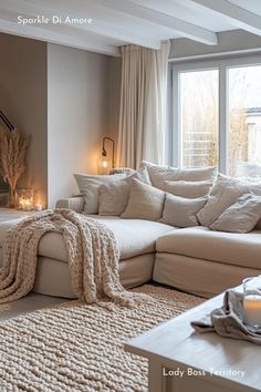 a living room filled with furniture and a fire place in front of a large window