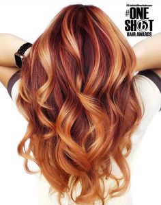 Red Hair Gold Highlights, Summer Red Balayage Hair, Copper Hair Color With Blonde Highlights, Multidimensional Red Hair, Orange Copper Hair Color With Highlights, Cooper Blonde Balayage, Blonde And Orange Hair Highlights, Copper Red And Blonde Hair Color