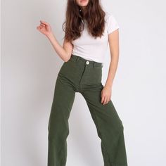 Organic Cotton Sailor Pants, Small Imperfection On Rear (Pictured) Green Wide-leg Jeans For Workwear, Green Wide-leg Workwear Jeans, Green Work Pants With Five Pockets, Green High Waist Pants With Five Pockets, Green Workwear Pants With Five Pockets, High Waist Green Pants With Five Pockets, Green Straight Pants With Five Pockets, High-waisted Green Pants With Five Pockets, Green Wide Leg Pants With Five Pockets