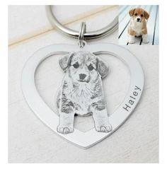 a heart shaped key chain with a dog on it and a photo of a puppy in the background