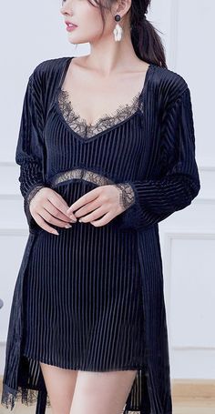 Black V-neck Nightgown For Wedding Night, Black Long Sleeve Party Sleepwear, Black V-neck Sleepwear With Lace Trim, Elegant Black Long Sleeve Sleepwear, Elegant Long Sleeve Lace Nightgown, Black Lace V-neck Sleepwear, Black Long Sleeve Sleepwear For Evening, Elegant Long Sleeve Evening Nightgown, Black V-neck Nightgown For Night Out