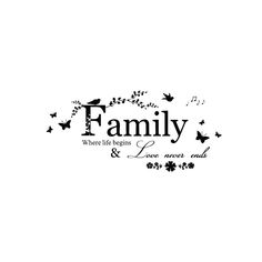 a family wall sticker with the words, love never ends and butterflies on it