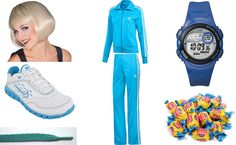 a woman in blue outfit next to various items