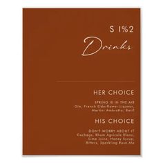 a brown card with the words drink her choice and his choice