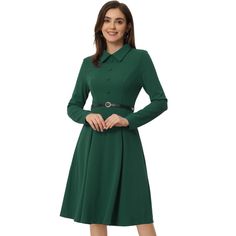 Sophisticated and elegant, this knee-length dress is a brilliant way to create a chic look. Featuring button decoration at the front, this aline piece is completed with a detachable belt. Thick knit fabric shapes fit and flare silhouette, accentuating your graceful figure. Enhance your working wardrobe with the Allegra K Solid Long Sleeve Dress. A fitted waist, with belt loops, a hidden back zipper, and an adjustable belt. Turquoise Mini Dress, Working Wardrobe, Button Decor, Blouson Dress, Work Dress, Adjustable Belt, Tie Dress, Zara Dresses, Fit And Flare Dress