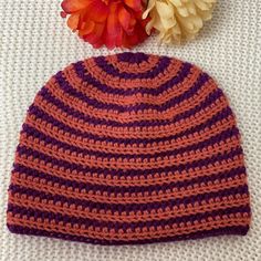 Hand Crocheted Beanie Skull Cap, Striped, Burnt Orange And Purple.. This Is A Cute Hat In Burnt Orange And Purple. It Measures 9” High And 11”Across The Brim, So It Will Fit A Head Circumference Of 22”-24”. To Measure The Circumference Of Your Head Use A Measuring Tape To Go Around Your Head And Across The Center Of Your Forehead. Machine Washable And Dry-Able. Check Out The Other Colors And Sizes I Have In This Hat. Handmade Casual Purple Crochet Hat, Burnt Orange And Purple, Crocheted Beanie, Cute Hat, Go Around, Cute Hats, Crochet Beanie, Measuring Tape, Head Circumference