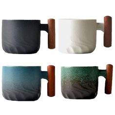 four coffee mugs with wooden handles are shown in three different colors and shapes, one is white, the other is blue