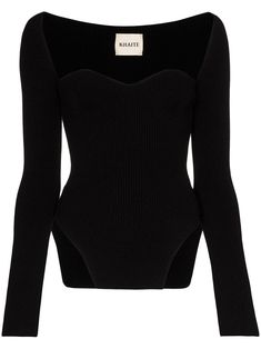 This black Khaite Maddy ribbed sweetheart neckline top features a shaped neckline, elongated sleeves, off-the-shoulder back neck and shaped hem. This Khaite knit makes our heart skip a beat. Look closely, you can see it. Sweetheart Neckline Top, Ribbed Knit Bodysuit, Rib Knit Top, Extra Long Sleeves, Knit Bodysuit, Knitted Tops, Ribbed Knit Top, Bustier Top, Bustiers