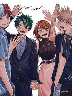 three anime characters are posing together for a picture with their hands up in the air