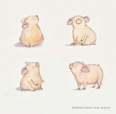 four pigs are sitting in different positions on the ground