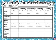 the weekly preschool planner is shown in this blue and white printable calendar with animals on it