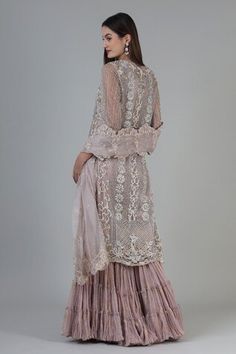 Mauve pink floral bead and thread embroidered straight kurta. Paired with a tiered sharara and dupatta with a scallop embroidered border dupatta. - Aza Fashions Reception Sharara With Lace Work, Diwali Reception Sharara With Lace Work, Unstitched Sets With Lace Work For Reception, Diwali Lace Work Sharara For Reception, Fitted Pink Organza Palazzo Set, Pink Bollywood Dress With Lace Work, Floor-length Lace Work Sharara For Eid, Eid Floor-length Lace Work Sharara, Designer Georgette Sharara With Lace Work