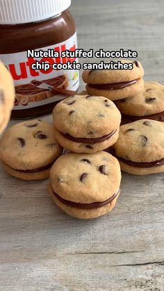 chocolate chip cookies and peanut butter sandwich with nutella stuffed chocolate chip cookies in the middle